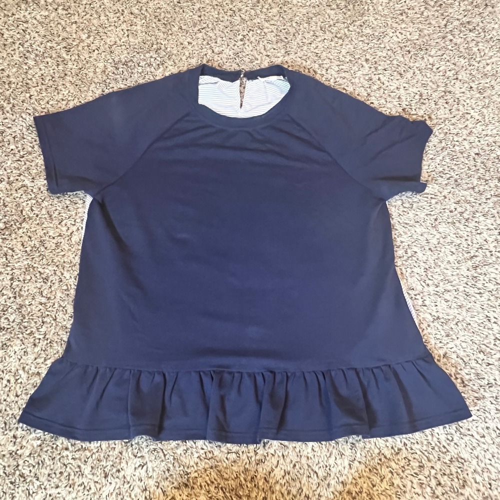 Main Strip Womens‎ Navy Mixed Media Peplum Top Striped Eyelet Back Medium